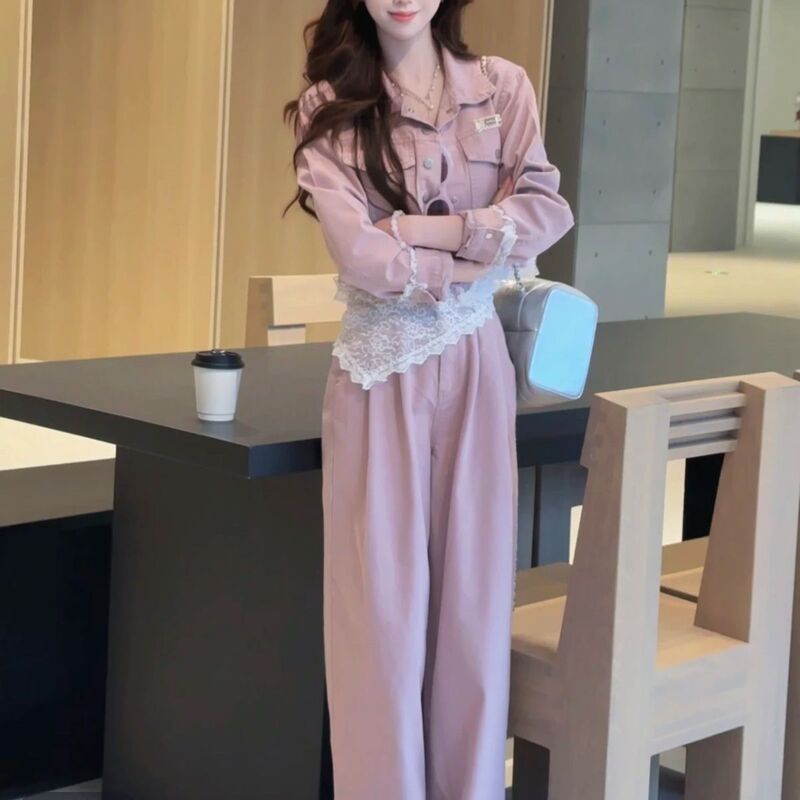 Short Denim Jacket Petite High Suit Lace Trim Wide-Leg Pants Women Straight Slim New Loose Casual