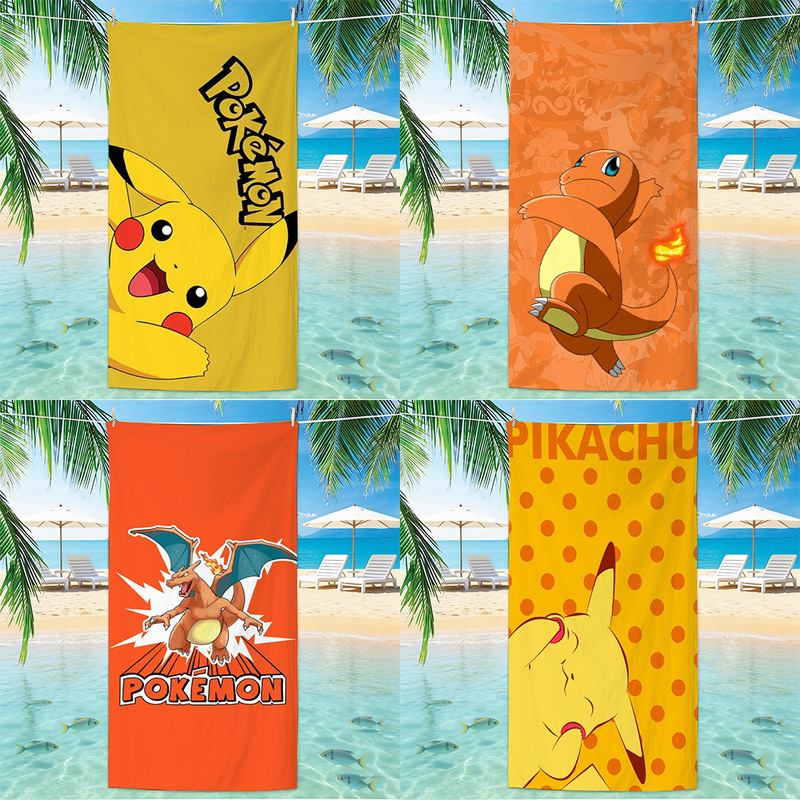 Pokemon digital print cartoon beach towel, ultra-fine fiber, water-absorbent, quick-drying, large swimming bath towel