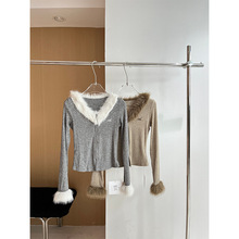 Rainbow 韩系甜酷毛毛领修身显瘦质感字母刺绣针织衫女冬33391