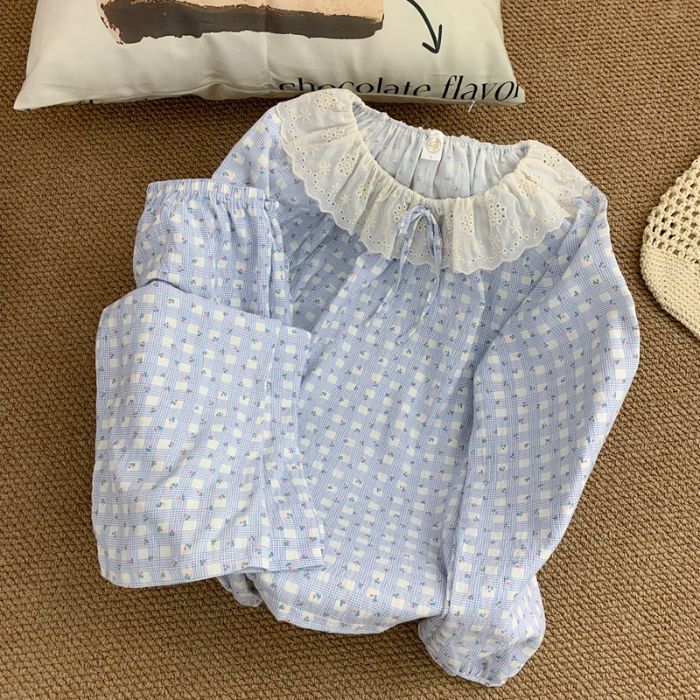云朵棉睡衣女春秋季花边格子长袖宽松甜美公主风大码家居服可外穿|undefined