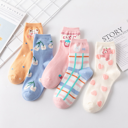 Korean cute Japanese marshmallow plaid bear cotton mid-tube rabbit sweet soft girl mid-length sports socks