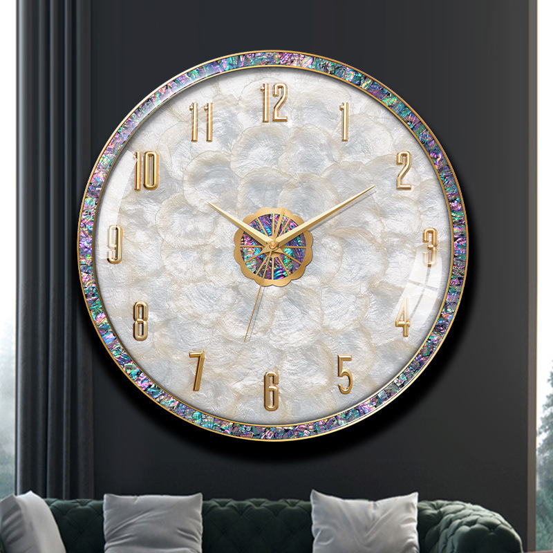 Light Luxury Clock Wall Clock Living Room 2022 New Shell Diamond Clock Wall Hanging Punch-free Simple Silent Quartz Clock