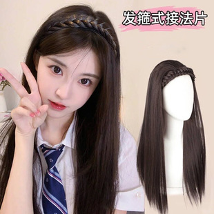 Wig women's long hair twist braid hairband women's one-piece wig U-shaped half head cover long straight hair wig wholesale