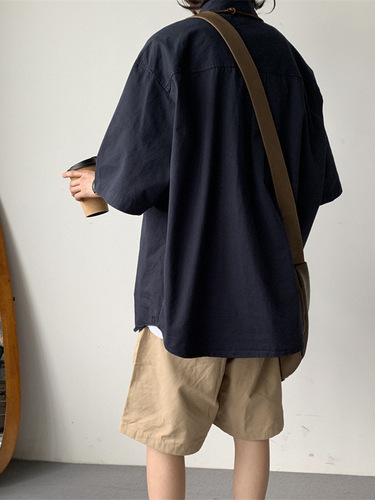 Japanese retro silhouette short-sleeve shirt men's summer oversize fashion brand tooling casual pleated half-sleeve coat