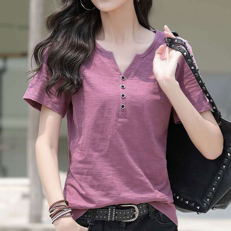 2026 Summer Pure Cotton Korean Style Short-Sleeved Women's Loose Large Size Buttoned V Neck Half-Sleeved Top T-Shirt New Style