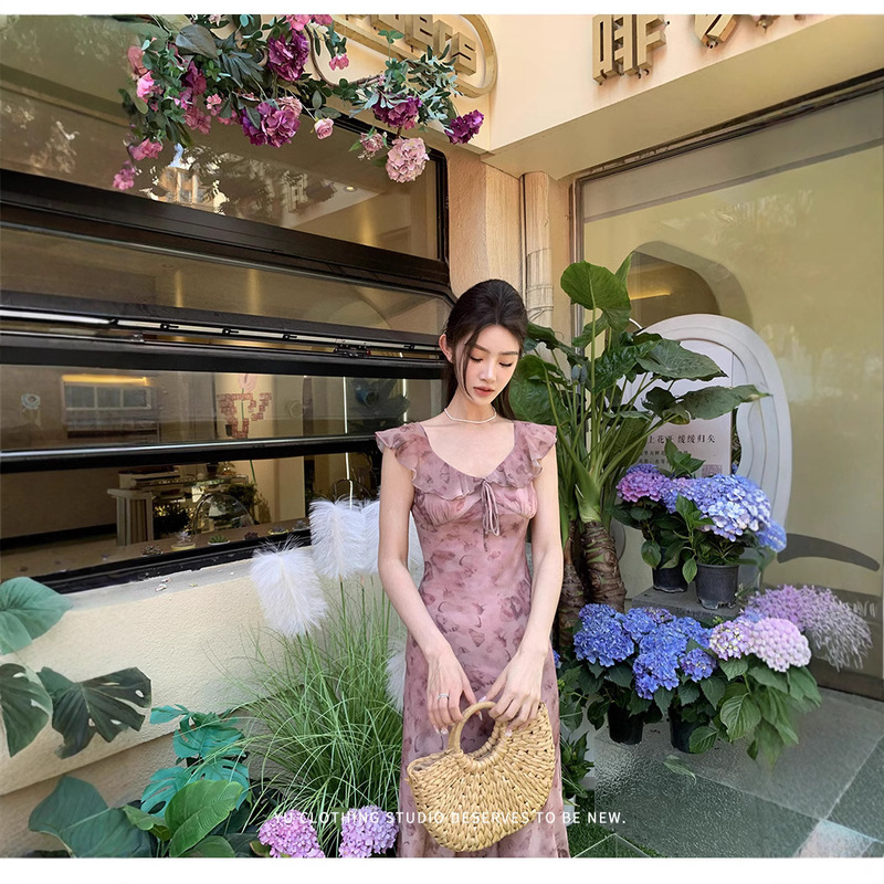 Yufei Long Butterfly Printed Flounce Slim dress Women's 2025 Summer New Waist Elegant Trendy Skirt