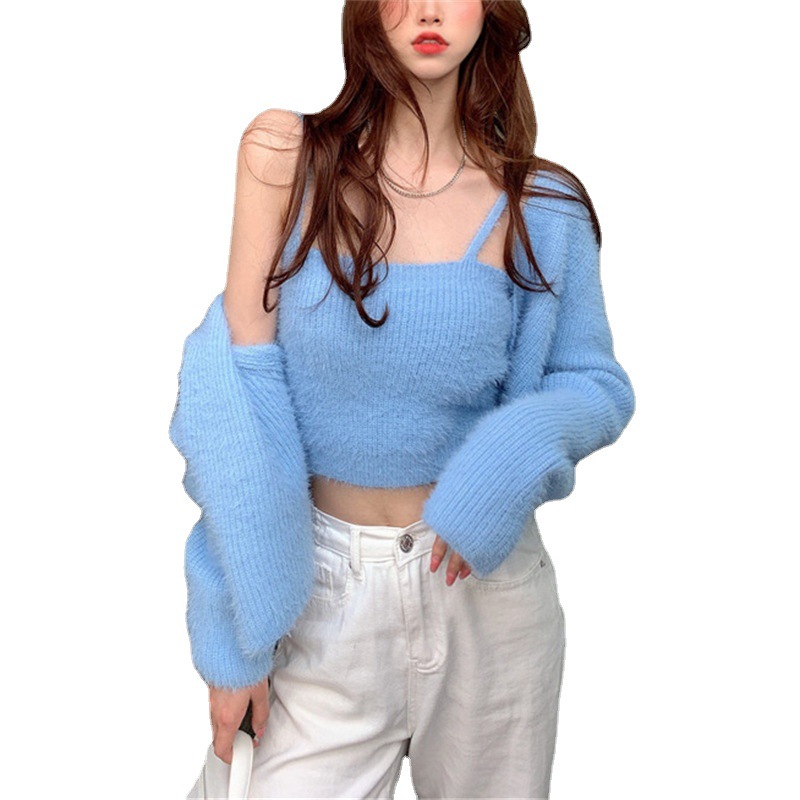 Sexy Cardigan 2023 Autumn/Winter New Product   Mink Wool Chest Wrapping Two Piece Set Korean Knitted Sweater for_voghion.com