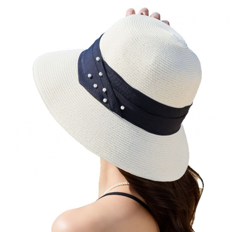 Cappello da sole in paglia raffia stile hepburn con perle donna_voghion.com