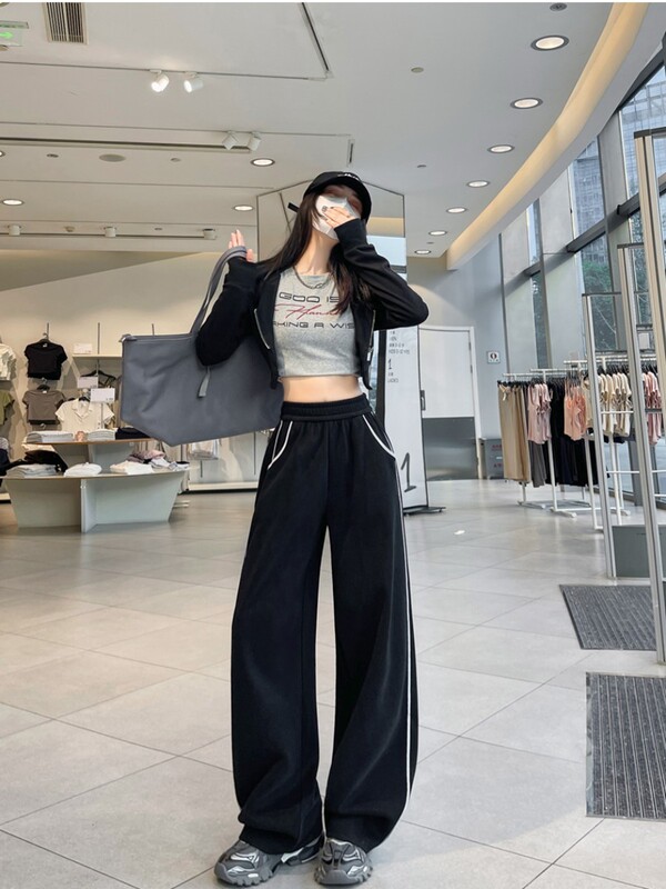 侧边条纹阔腿裤女秋冬2025新款慵懒风高腰宽松显瘦直筒运动休闲裤|undefined