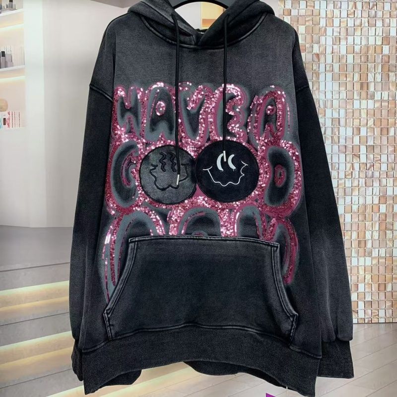 300 jin invierno nuevo lavado de agua bordado sequinilla sonriente más camisa encapuchada retro camisa de manga larga mujer