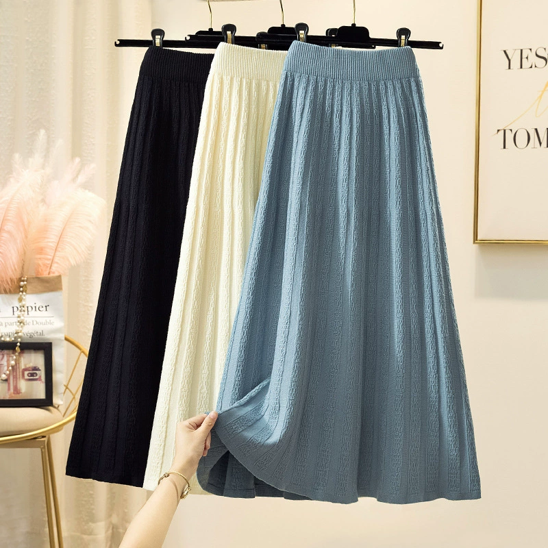 Трикотажная юбка А-силуэтом с высокой талией для женщин осень-зима 2023 Новая Универсальная модная юбка средней длины с большой юбкой-качалкой, одношаговая юбка
