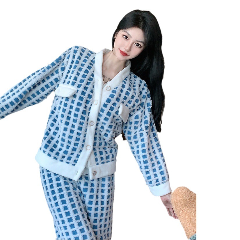 De alta calidad de tela escocesa de lana en línea popular de otoño e invierno de las mujeres de la Honda chaqueta de manga larga de tres piezas pijamas traje de desgaste para el hogar