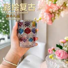 彩绘复古海棠花杯子餐饮店冰美式咖啡杯可叠加玻璃杯水杯商务礼品