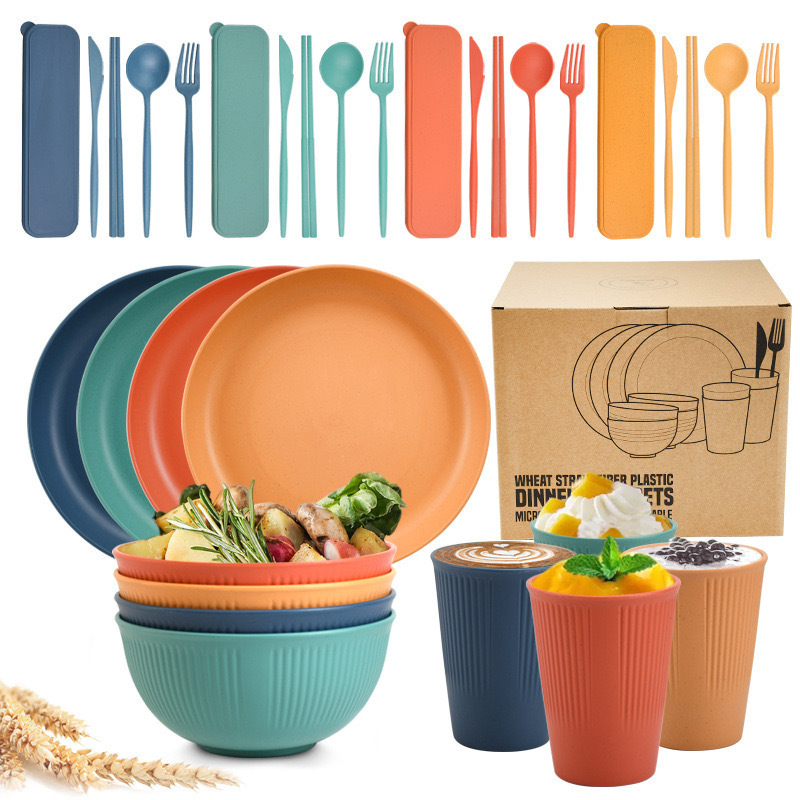 Cross-border wheat straw tableware Bowl plate suit student water Cup portable knife, fork and spoon tableware box factory wholesale Cross-border wheat straw tableware Bowl plate suit student water Cup portable knife, fork and spoon tableware box factory wholesale