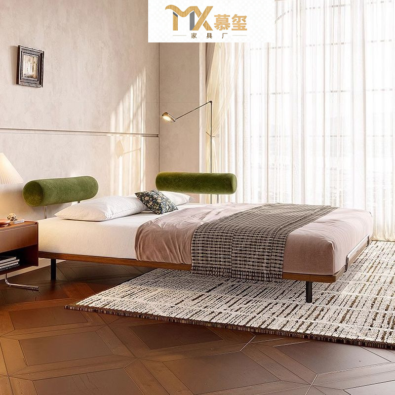 Mid-Century Style Small Apartment Solid Wood Bed with Movable Headboard, Double Bed, 2025 Minimalist Style for Guest Room Tatami Bed