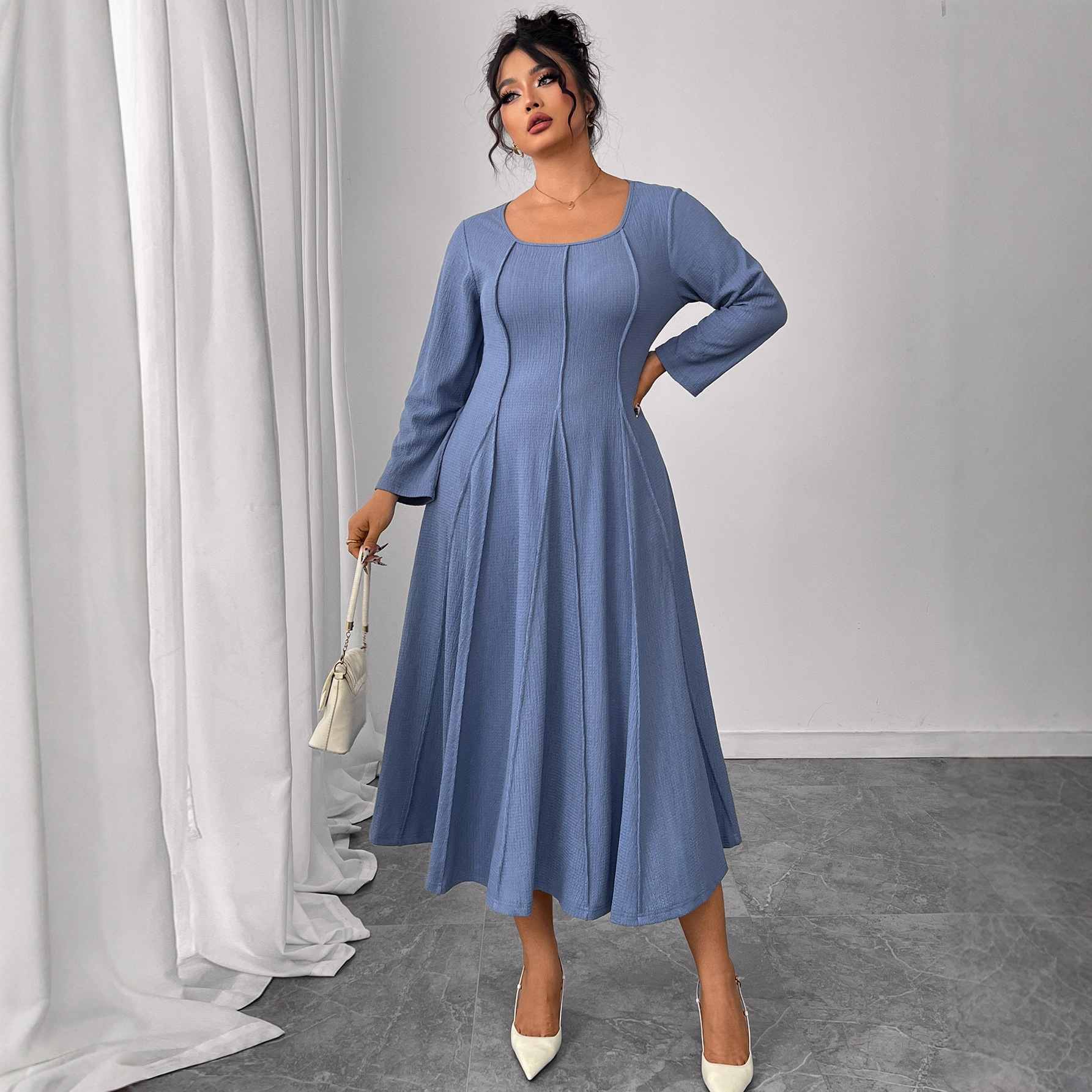 New long-sleeved dress for early autumn in European and American foreign trade. Amazon square collar, plus-size, loose, high-waisted, slimming long dress for chubby girls