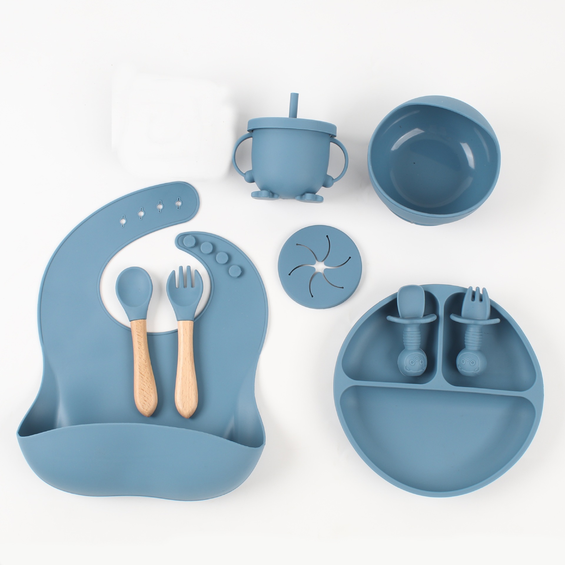 Vajilla de silicona de punto transfronterizo, tenedor, cuchara, taza para beber, suplemento alimenticio para niños, juego de 9 piezas, plato de ventosa, babero, plato de comedor, ventosa a prueba de caídas