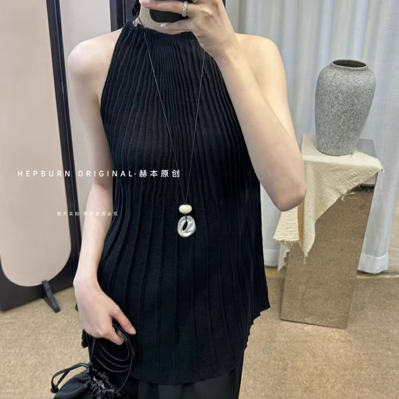 クロスボーダーヘップバーンプリーツホルターネックトップ女性の夏フレンチデザインニッチ気質ルーズノースリーブベスト痩身|undefined