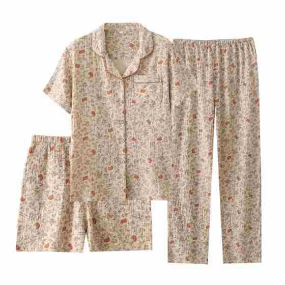Pajamas Women's Summer Cotton Cotton Crepe Lapel Short-sleeved Trousers Shorts Home Clothes Three-piece Set