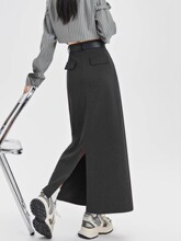 灰色毛呢开叉半身裙女大码胖mm春秋高腰包臀a字直筒长裙呢子半裙