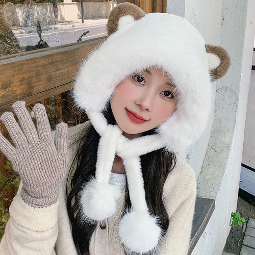 Cute little fox fur ears plush hat for women winter versatile ear protection Baotou thickened warm Baotou Lei Feng hat
