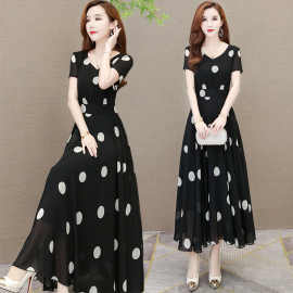 2021气质中长款修身连衣裙夏季妈妈V领短袖收腰波点裙大码A字裙女