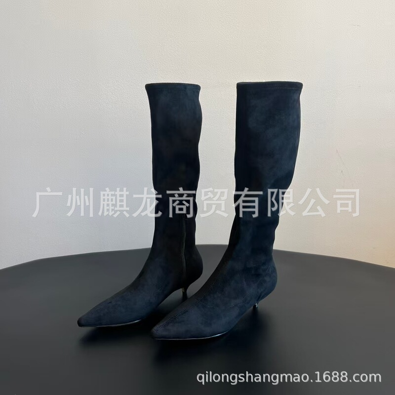 高端小众秋冬新款简约真皮绒面尖头复古侧拉链高跟弹力瘦瘦靴长靴|undefined
