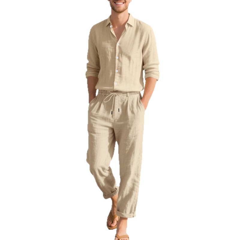 Herrenbekleidung: Leichtes Leinenhemd mit Hose, langen Ärmeln und lockerer Passform – ein Bestseller für Herbst und Winter._voghion.com
