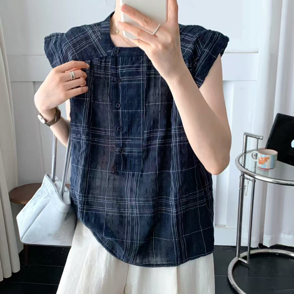 Japanese summer thin shirt with a round collar