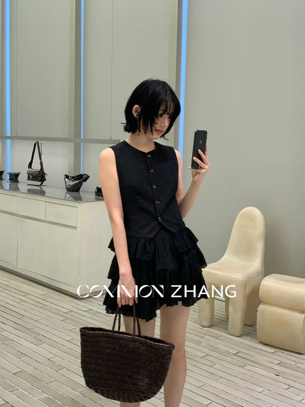 CZ ZHANG夏季法式简约花边镂空拼接纯色百搭圆领开衫马甲女B24835|undefined
