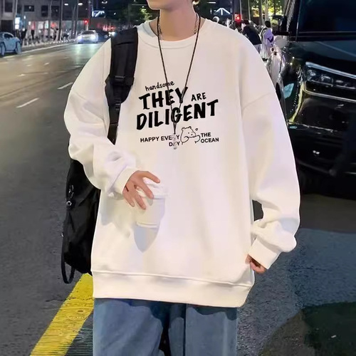 Women's Couple Style Long Sleeve T-Shirt with Creative English Print, Thin Version Solid Color Crew Neck Sweatshirt for Autumn and Early Winter