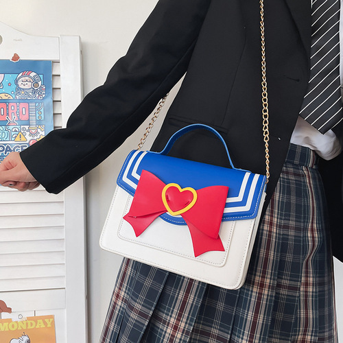 Japanese anime peripheral cute cartoon magic girl bow contrast color pu crossbody bag funny personality women's bag