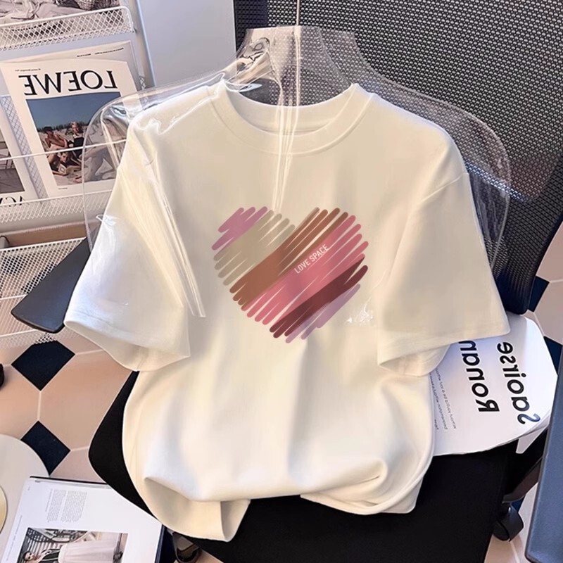 2026 Summer New Style Heart-Shaped White Round Neck Short-Sleeve T-Shirt for Women, Fashionable Versatile Loose Design Trendy Tee