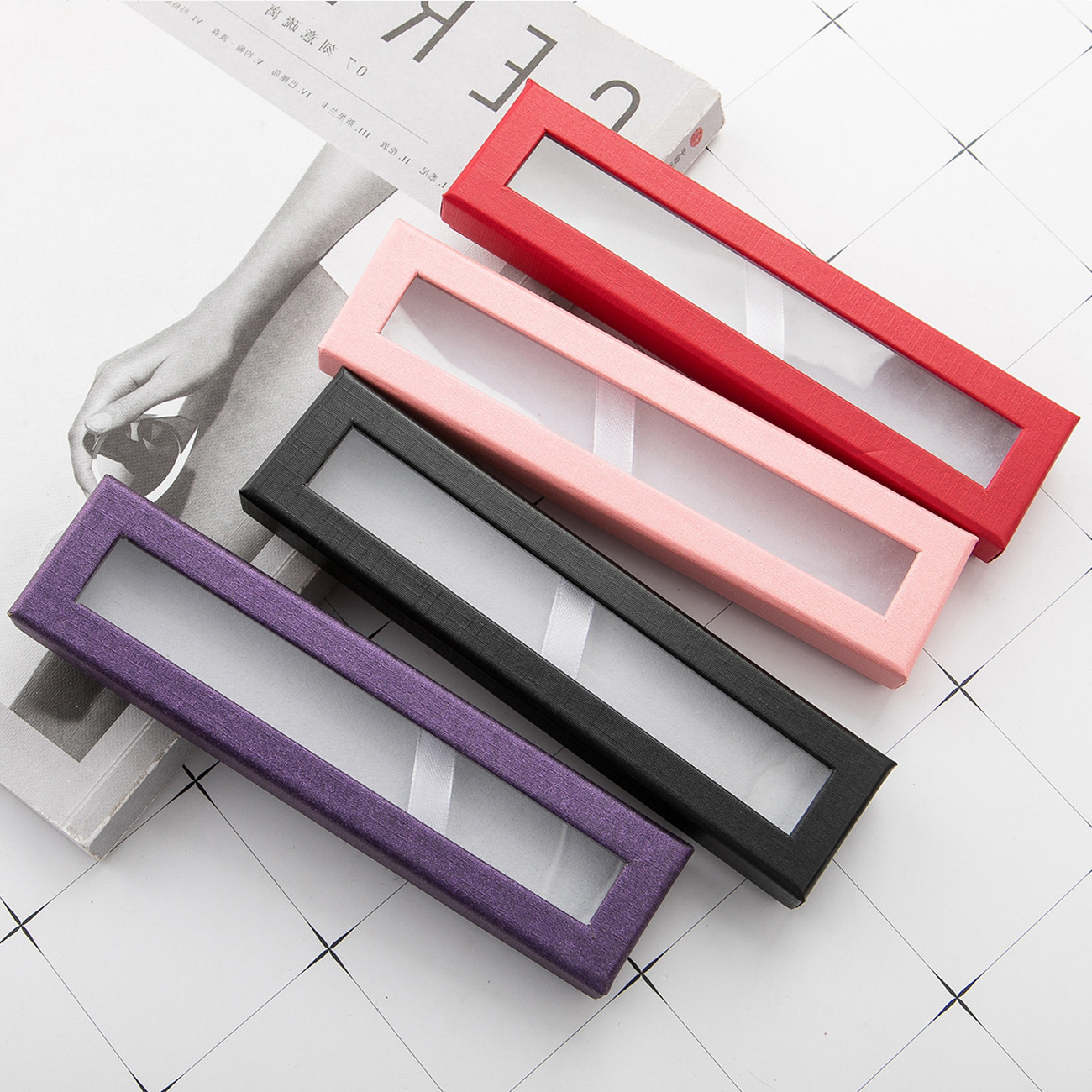 En stock al por mayor tapa pluma caja Ventana de alta gama caja de regalo de papelería de publicidad caja de la pluma de impresión LOGO