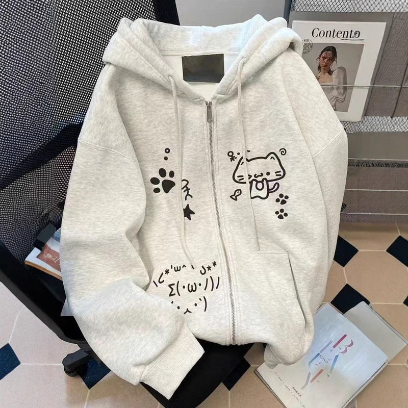 Niche Light and Cute Zipper Printed Cardigan Jacket for Female Students Loose 2025 Autumn and Winter Lazy Style Hooded Sweatshirt Niche Light and Cute Zipper Printed Cardigan Jacket for Female Students Loose 2025 Autumn and Winter Lazy Style Hooded Sweatshirt