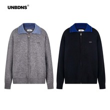 UNBDNS撞色翻领针织开衫男女同款2025秋冬新款宽松百搭外套上衣潮