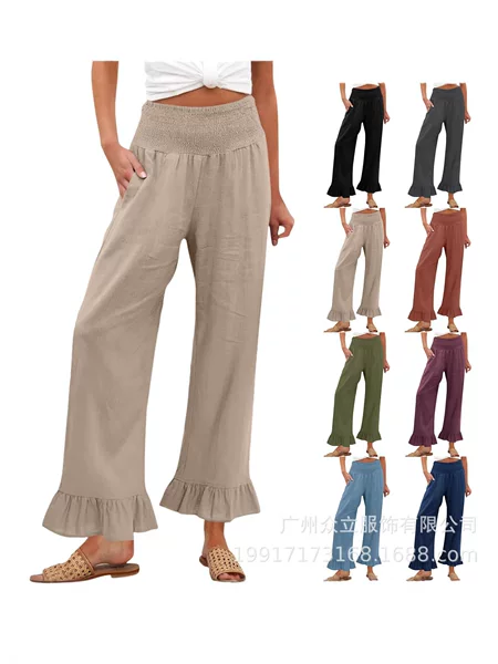 Spring and Summer European and American Women's Clothing, Solid Color Cotton and Linen Loose-Fitting Lace-Trimmed Casual Beach Vacation Pants, Breathable for Summer