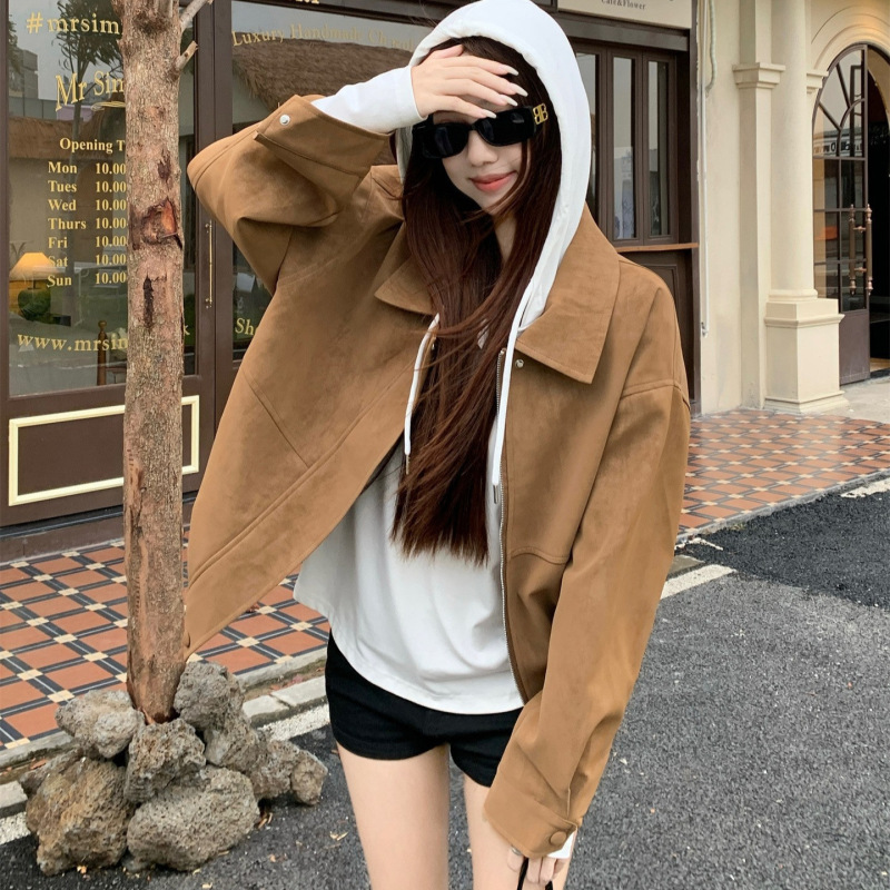 美式复古仿麂皮绒长袖外套女2025秋季新款宽松翻领休闲百搭夹克潮|undefined
