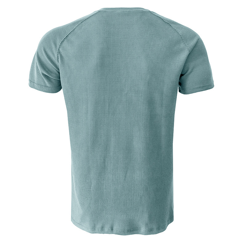 2023 sommar European and American Henley Shirt Herr Kortärmad T-shirt Bekväm ventilerande våffelstickad T-shirt_voghion.com