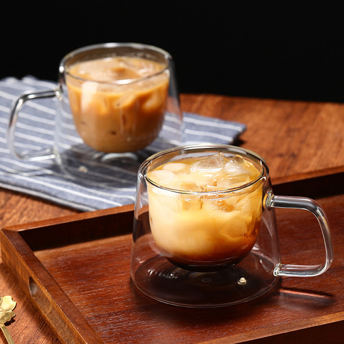 High-looking milk coffee cup, resistant cup with handle, souvenir, double-layer insulated glass cup