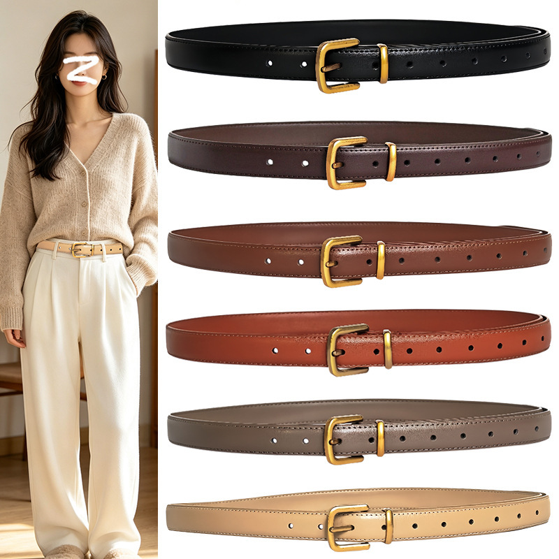 Ready-to-ship, one-piece drop shipping, women's genuine leather belt with a vintage pin buckle, available in multiple colors, versatile for pairing with jeans or skirts Ready-to-ship, one-piece drop shipping, women's genuine leather belt with a vintage pin buckle, available in multiple colors, versatile for pairing with jeans or skirts