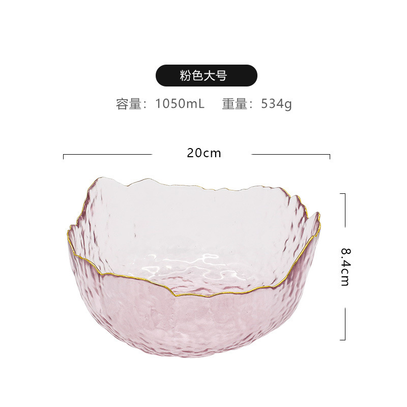 Venta al por mayor estilo nórdico patrón de martillo transparente borde dorado ensaladera de vidrio hogar plato de fruta de postre de alto aspecto vegetal