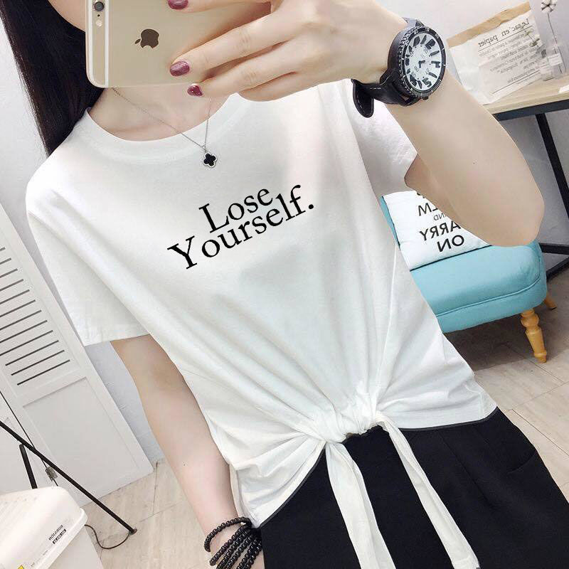 Lace-Up Short Asymmetrical Short-Sleeved T-Shirt for Women 2025 Summer Elegant Style Popular High-Waist Printed Lace-Up Top