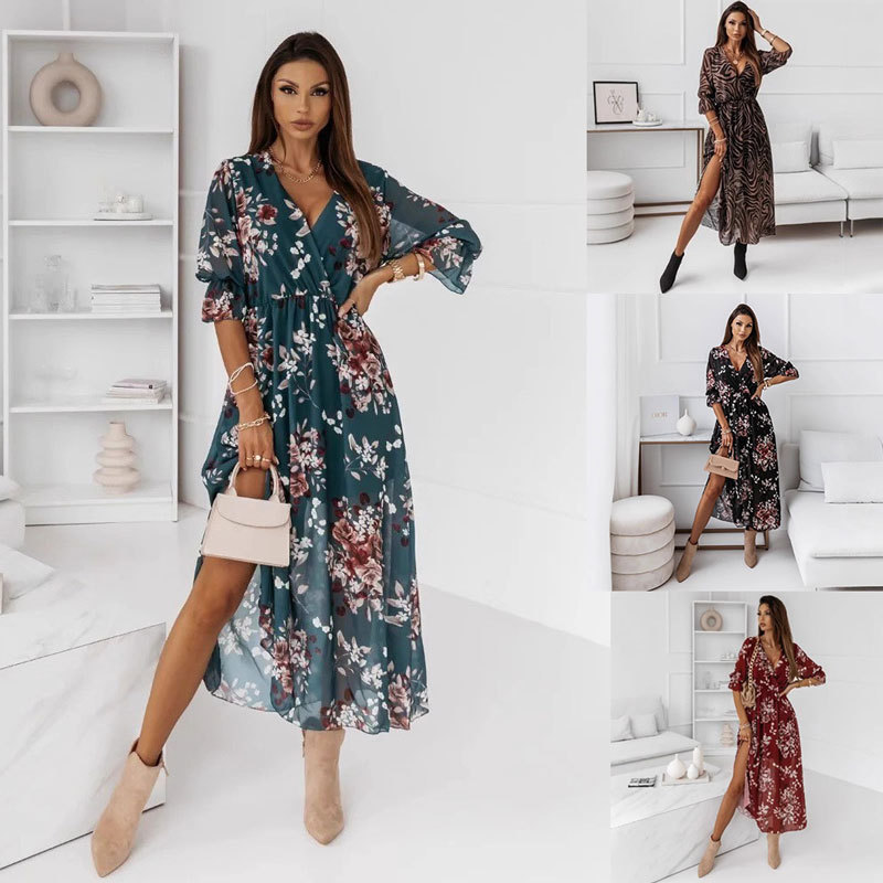 2026Wish European and American Cross-Border Women's Fashion V-Neck Side-Slit Short-Sleeve Chiffon Printed Long Dress