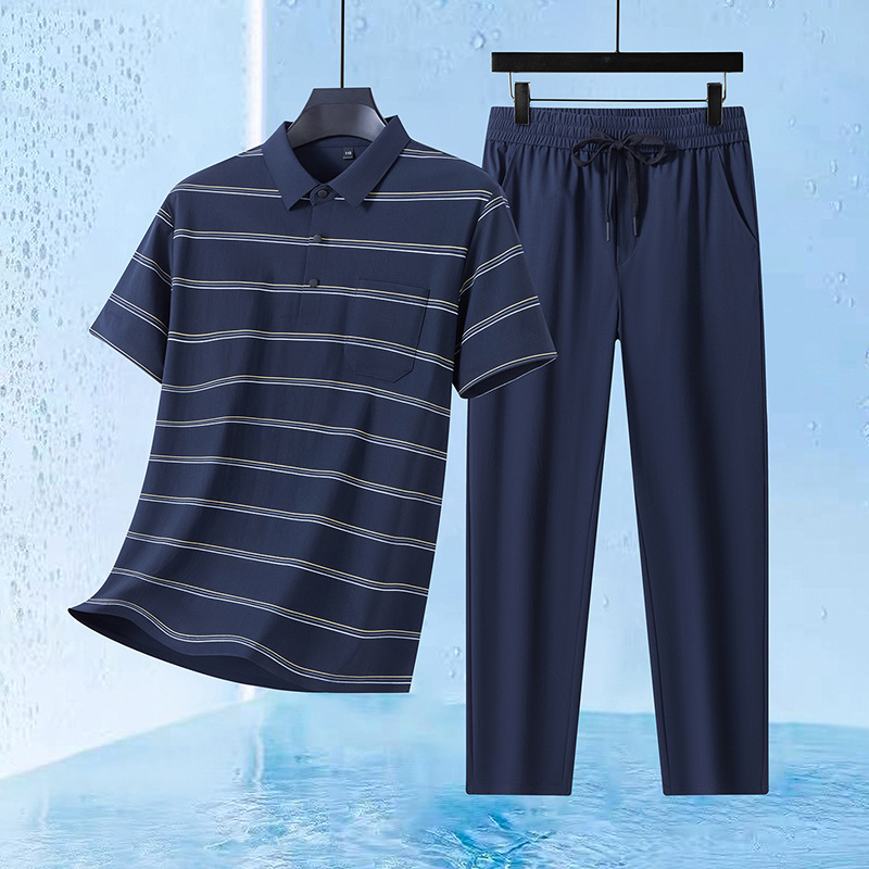 Dad's Summer Sports Suit Casual Two-Piece Set Ice Silk POLO Shirt Short-Sleeve T-Shirt with Real Pockets for Middle-Aged and Elderly Men Dad's Summer Sports Suit Casual Two-Piece Set Ice Silk POLO Shirt Short-Sleeve T-Shirt with Real Pockets for Middle-Aged and Elderly Men
