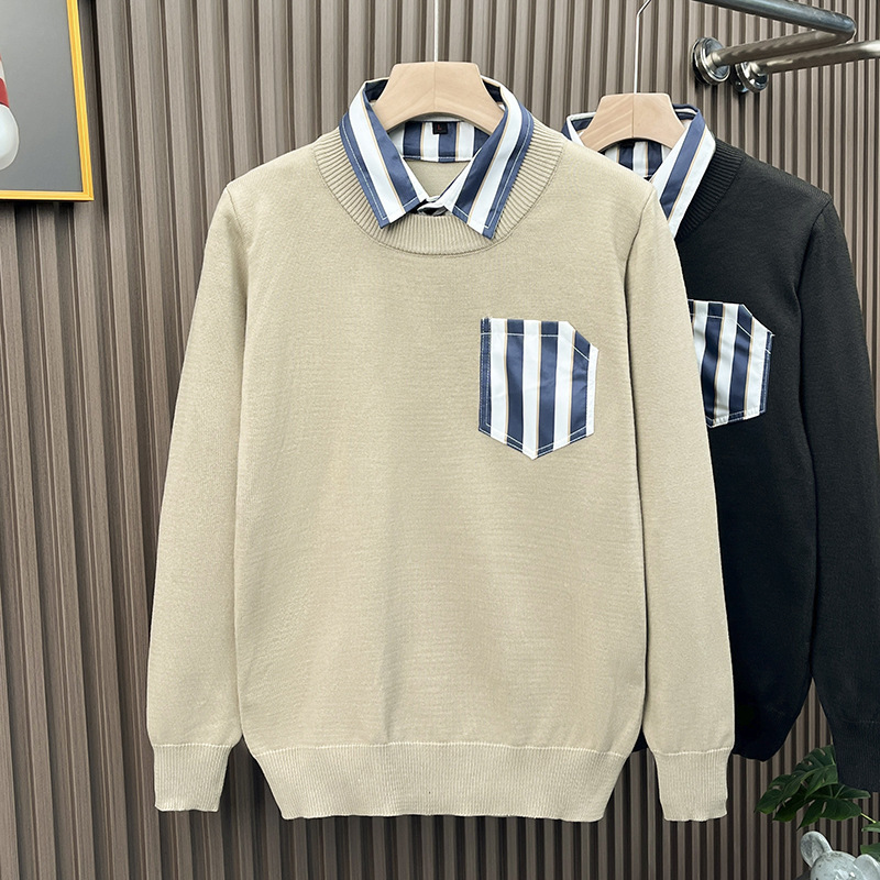 Shirt Collar Sweater Men's Autumn and Winter Light Mature Style Japanese Style Fashionable Fake Two-Piece Knitted Sweater