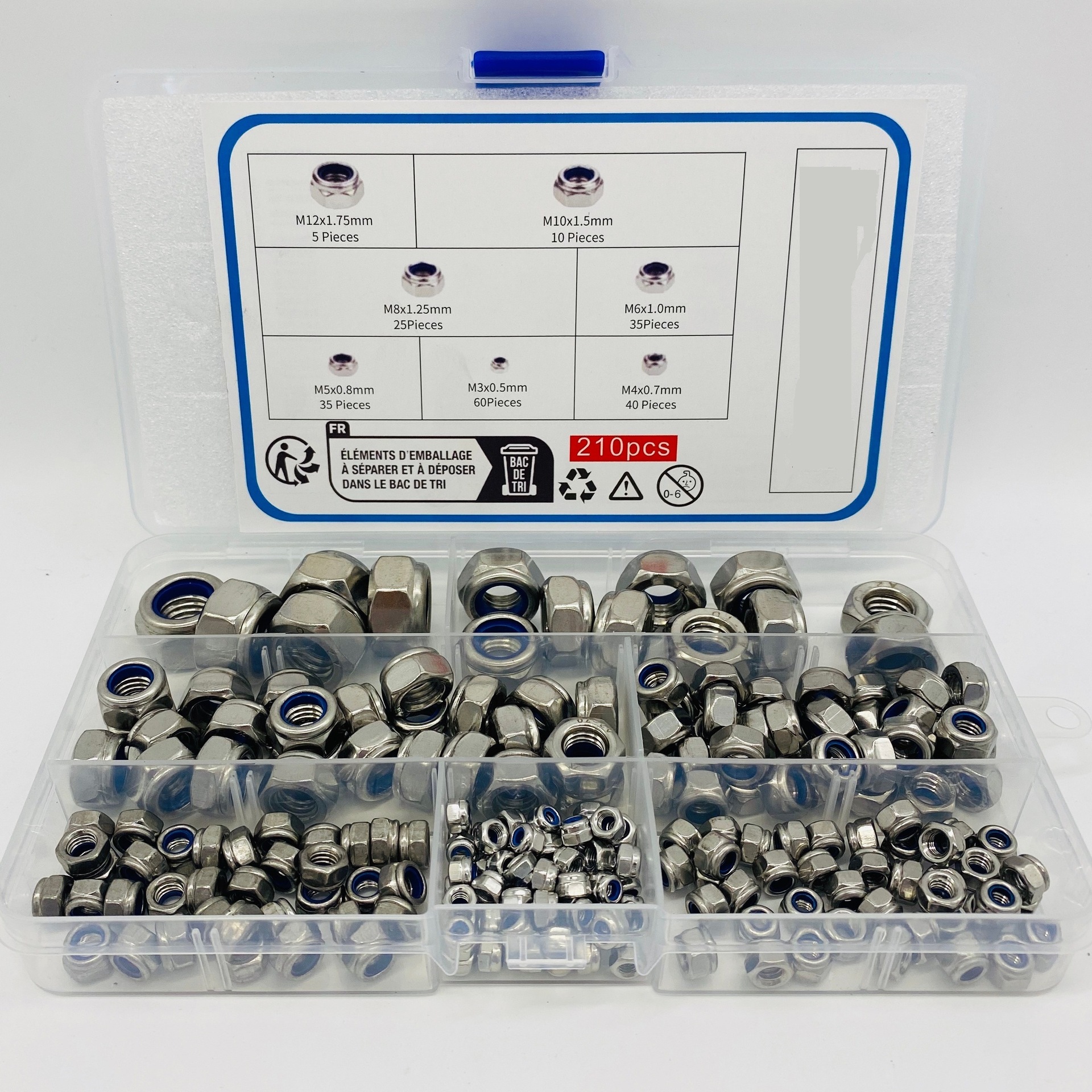 210/230PCS不锈钢尼龙锁紧螺母套件，公制尺寸M3-M12热销跨境组合