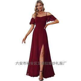 欧美跨境礼服一字肩雪纺长裙女士宴会礼服连衣裙性感开叉晚礼服裙