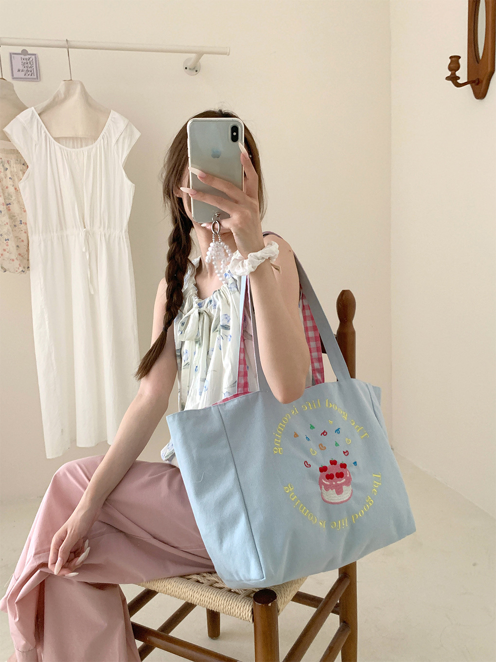 Bolso de hombro de doble uso de color de contraste fresco, bolso de alta capacidad, bolso de lona bordado a cuadros de estilo perezoso, mochila para estudiantes universitarios