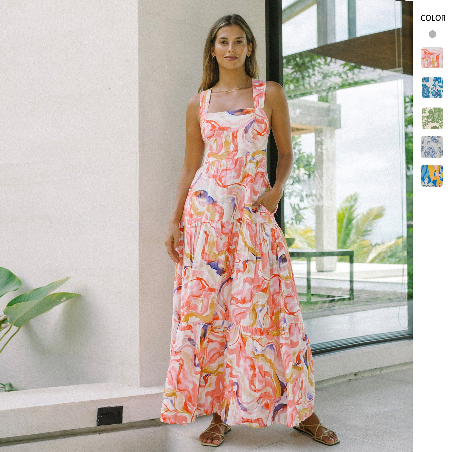 재고 2025 유럽과 미국의 국경 간 독립 역 새로운 느슨한 슬링 원피스 보헤미안 홀리데이 스타일 비치 원피스